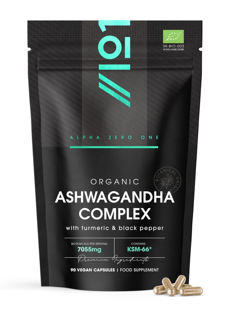 Organic Ashwagandha Complex 7055mg - KSM-66Â® with Turmeric & Black Pepper - 22.5mg Withanolides - Most Bioavailable Full-Spectrum Root Extract - Not Tablets or Powder - 90 Vegan Capsules by Alpha01